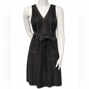 Sundance Denim Midi Dress Size 12 Dark Wash Tie Waist A-Line Sleeveless Pockets